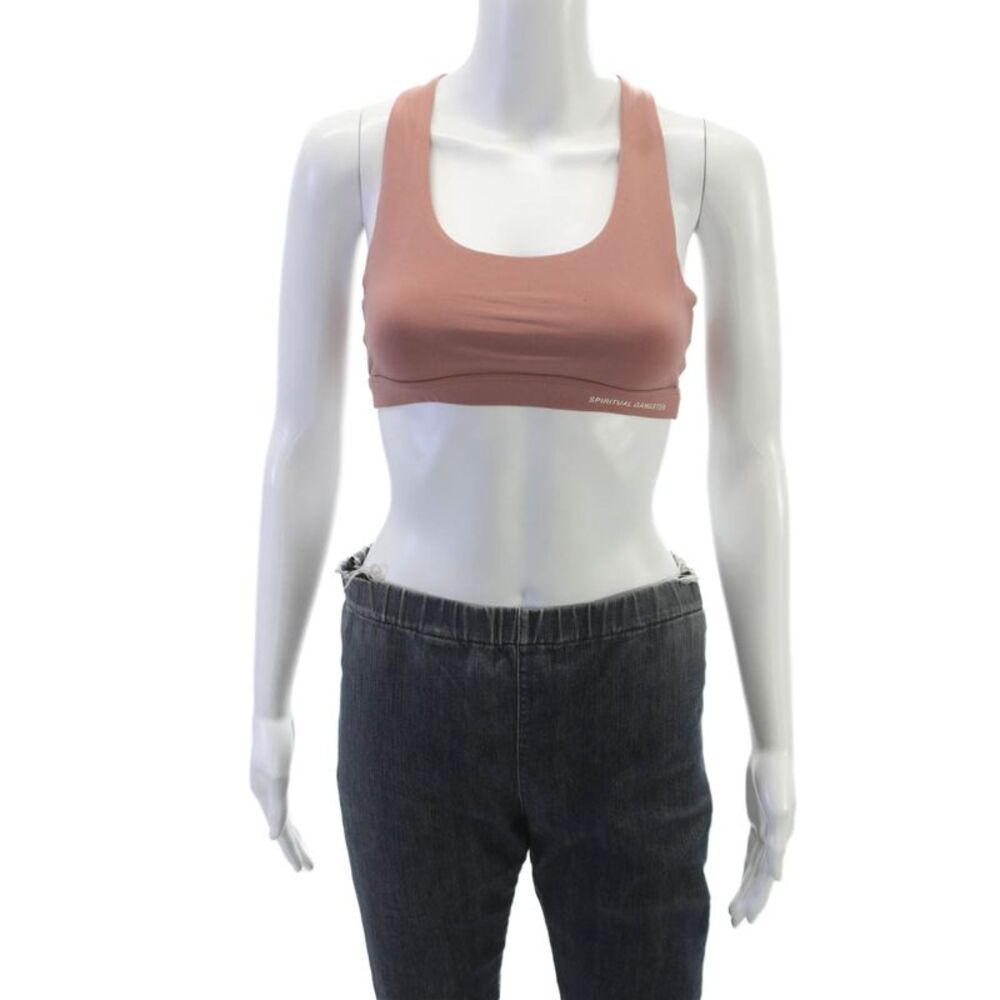 Spiritual Gangster Womens Strappy Back Scoop Neck Logo Sports Bra Brown Small
